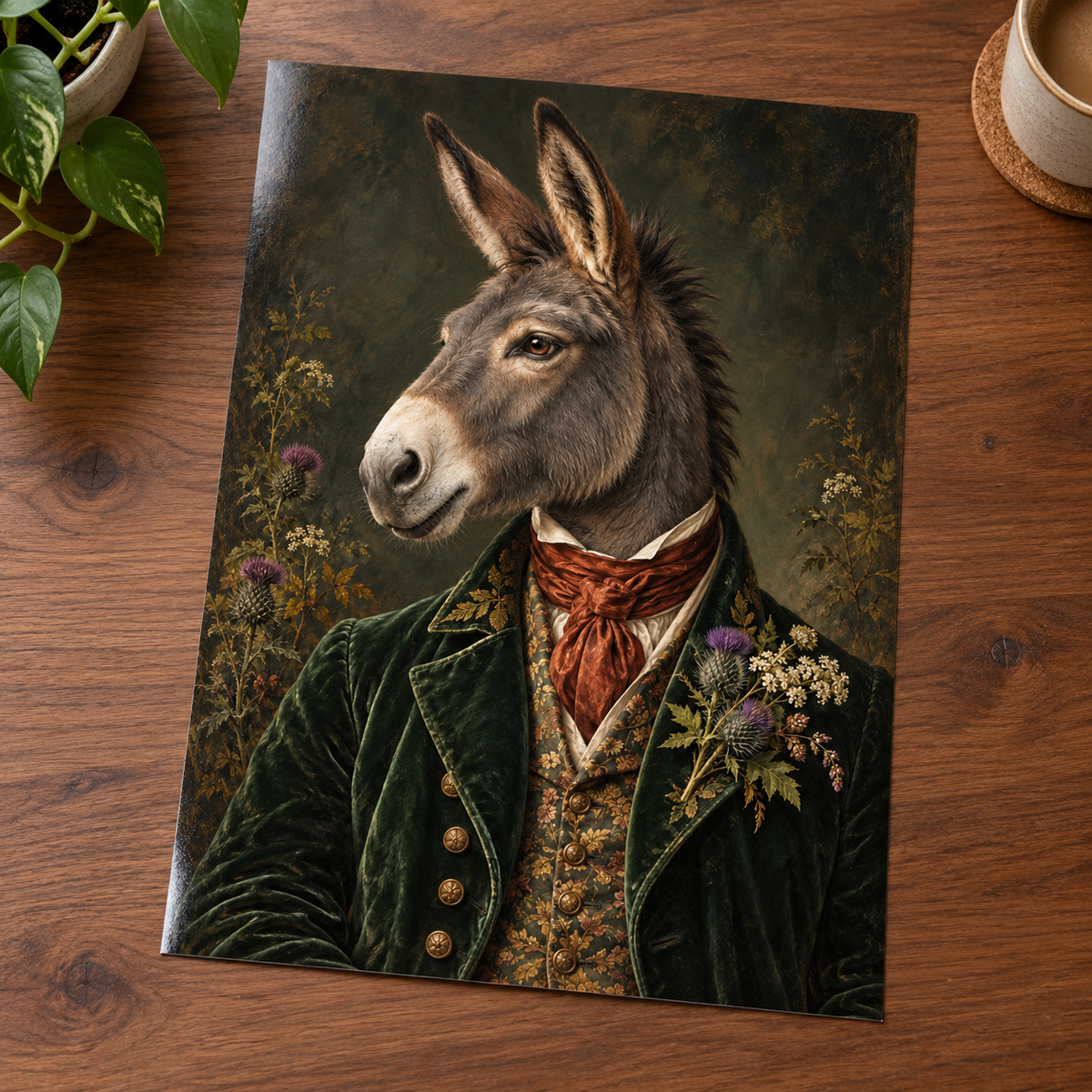 Duke of Brambles Donkey print unframed on a wooden table
