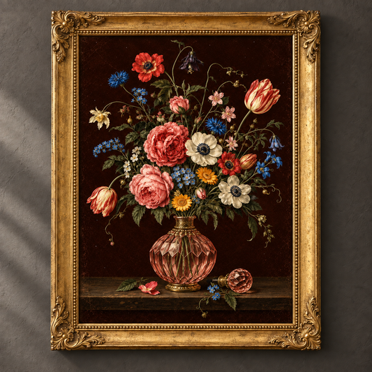 Eau de Bloom botanical art print in an ornate vintage gold frame