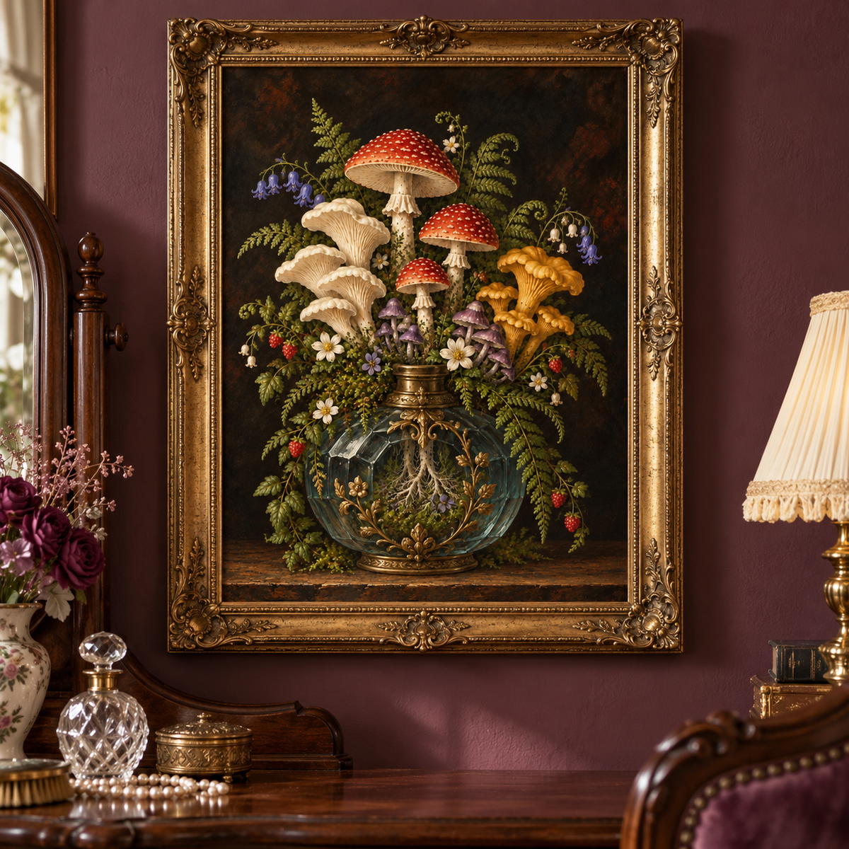 Eau de Woodland art print displayed in a vintage frame