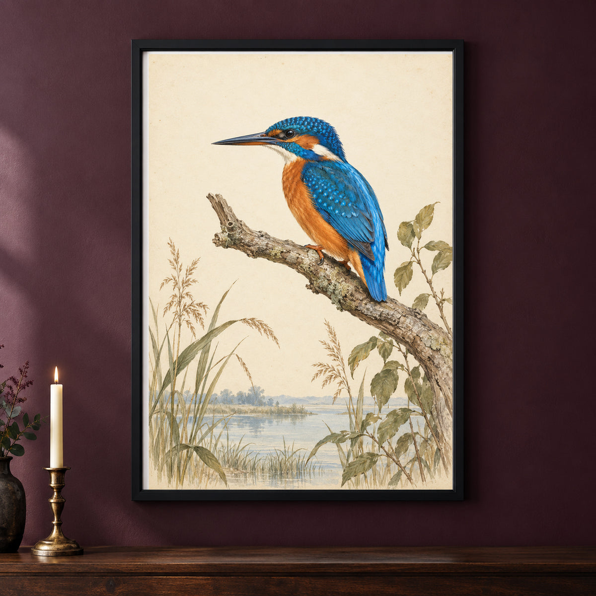Electric Kingfisher – Vintage Bird Print framed on a dark wall