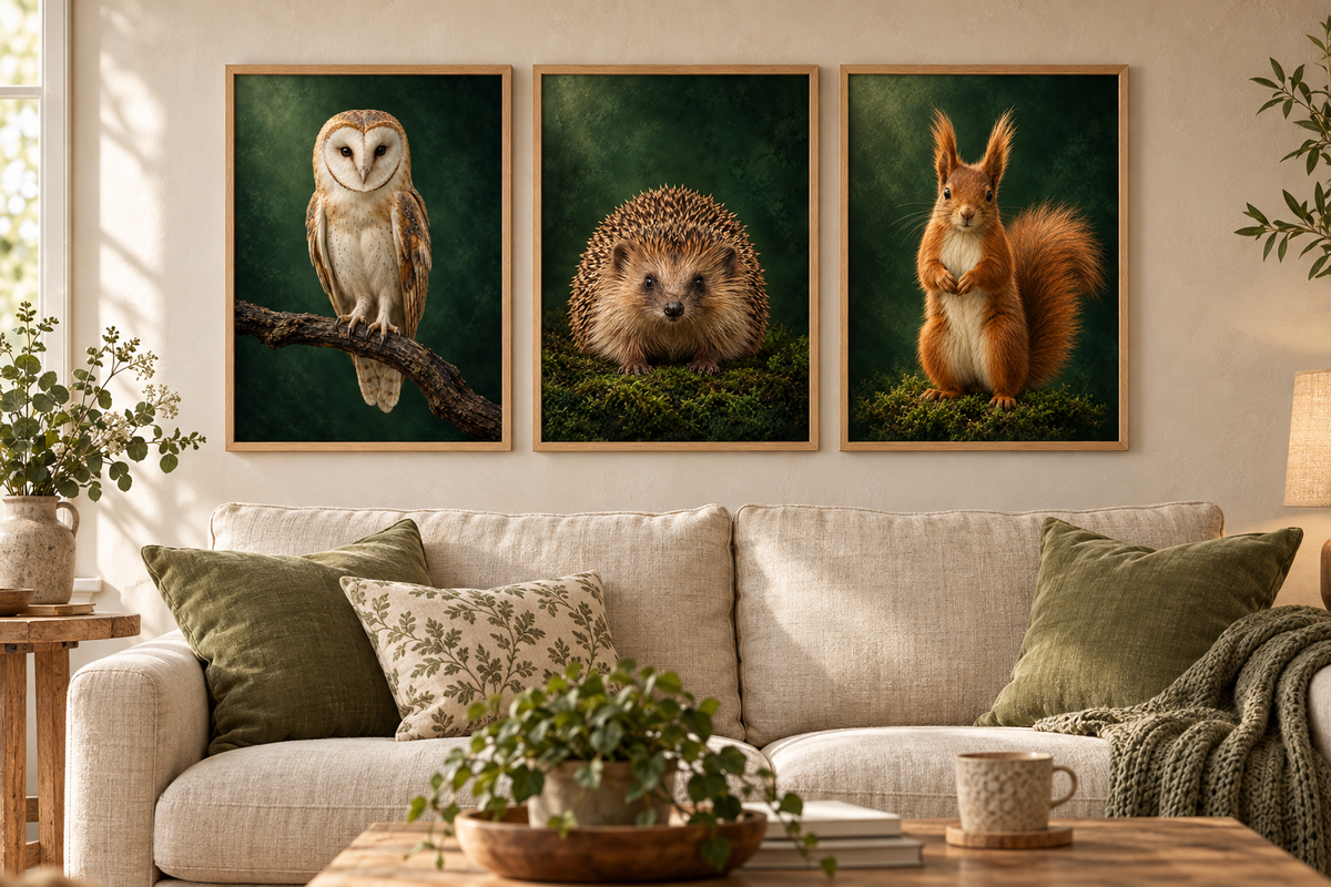 Emerald Woodland – Barn Owl, Hedgehog, Red Squirrel art prints framed side by side in a room
