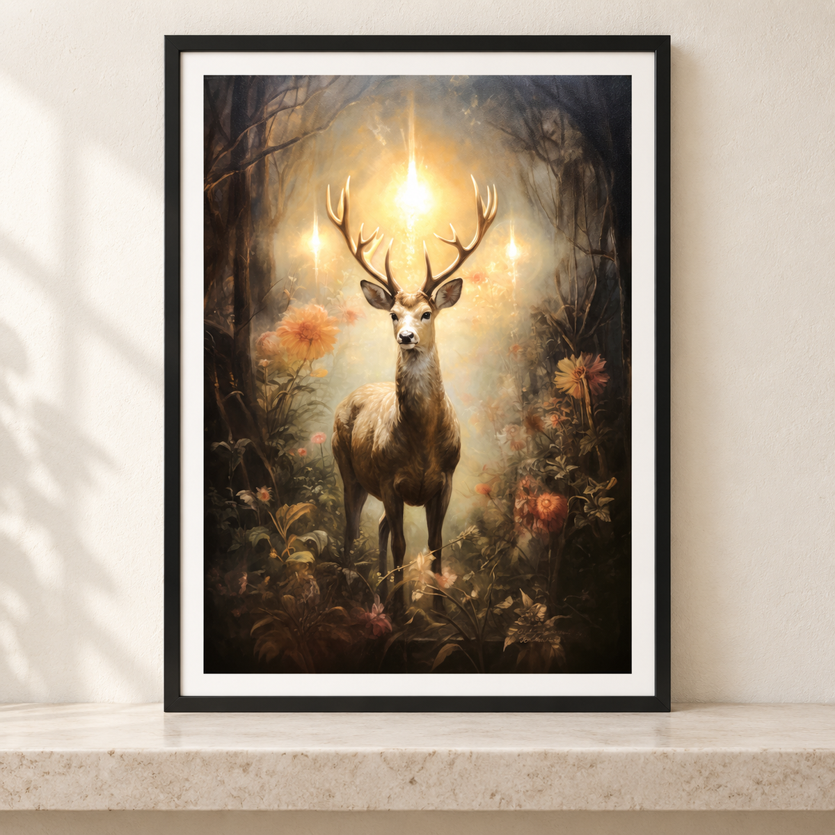 Enchanted Woodland Stag print in a correctly proportioned black A-series frame