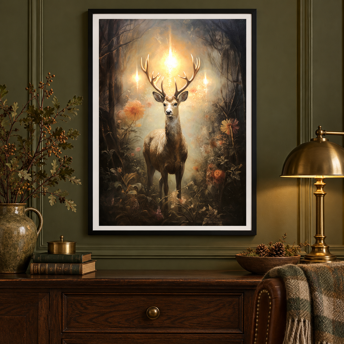 Enchanted Woodland Stag framed print in a country-house study