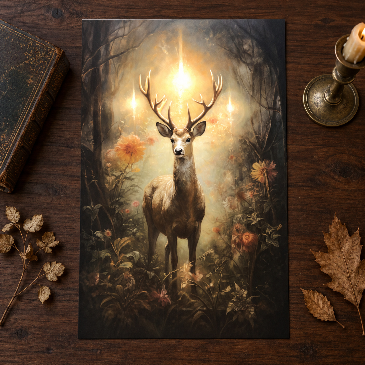 Enchanted Woodland Stag unframed A-series print on dark walnut