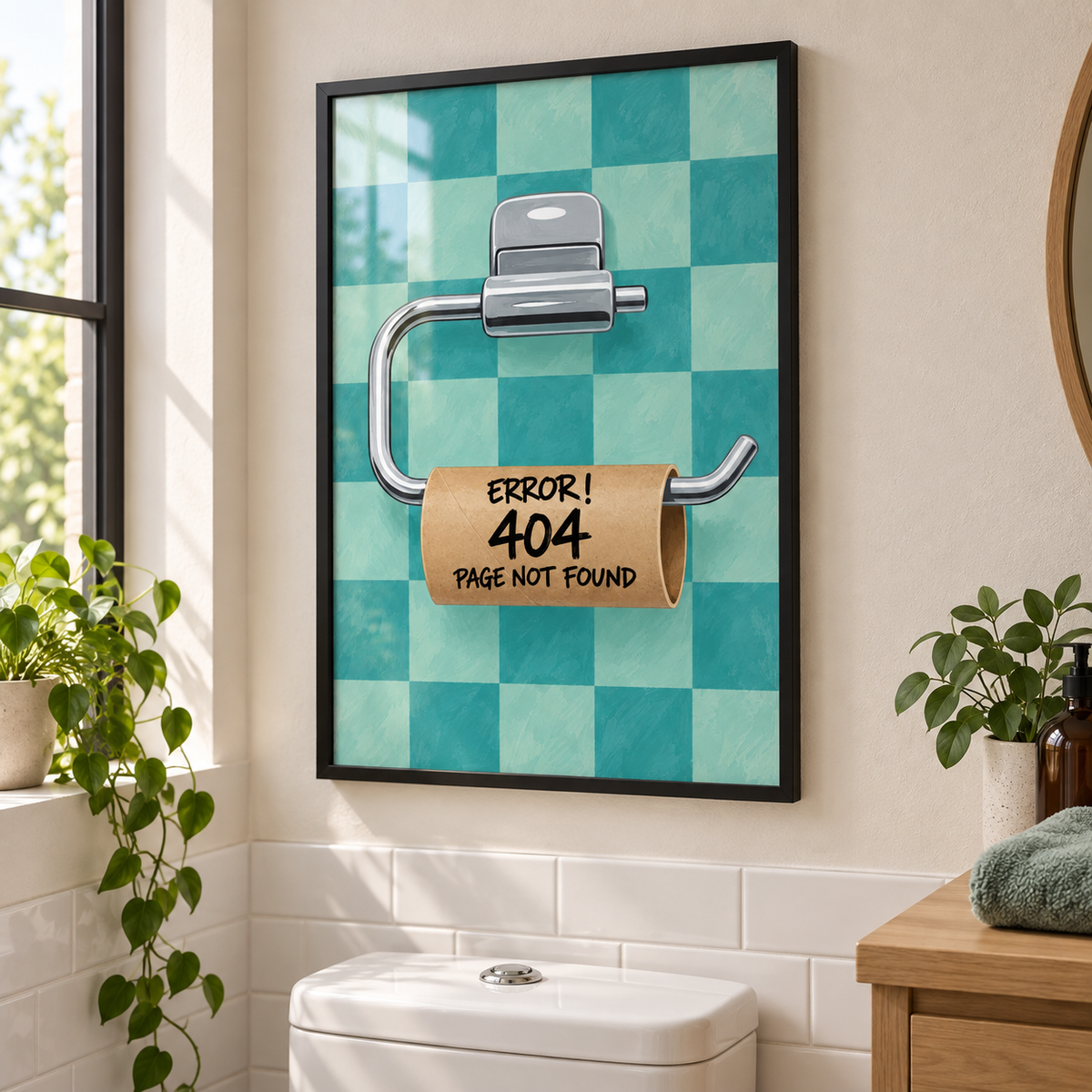 Error 404 teal bathroom print displayed in a black frame above a toilet