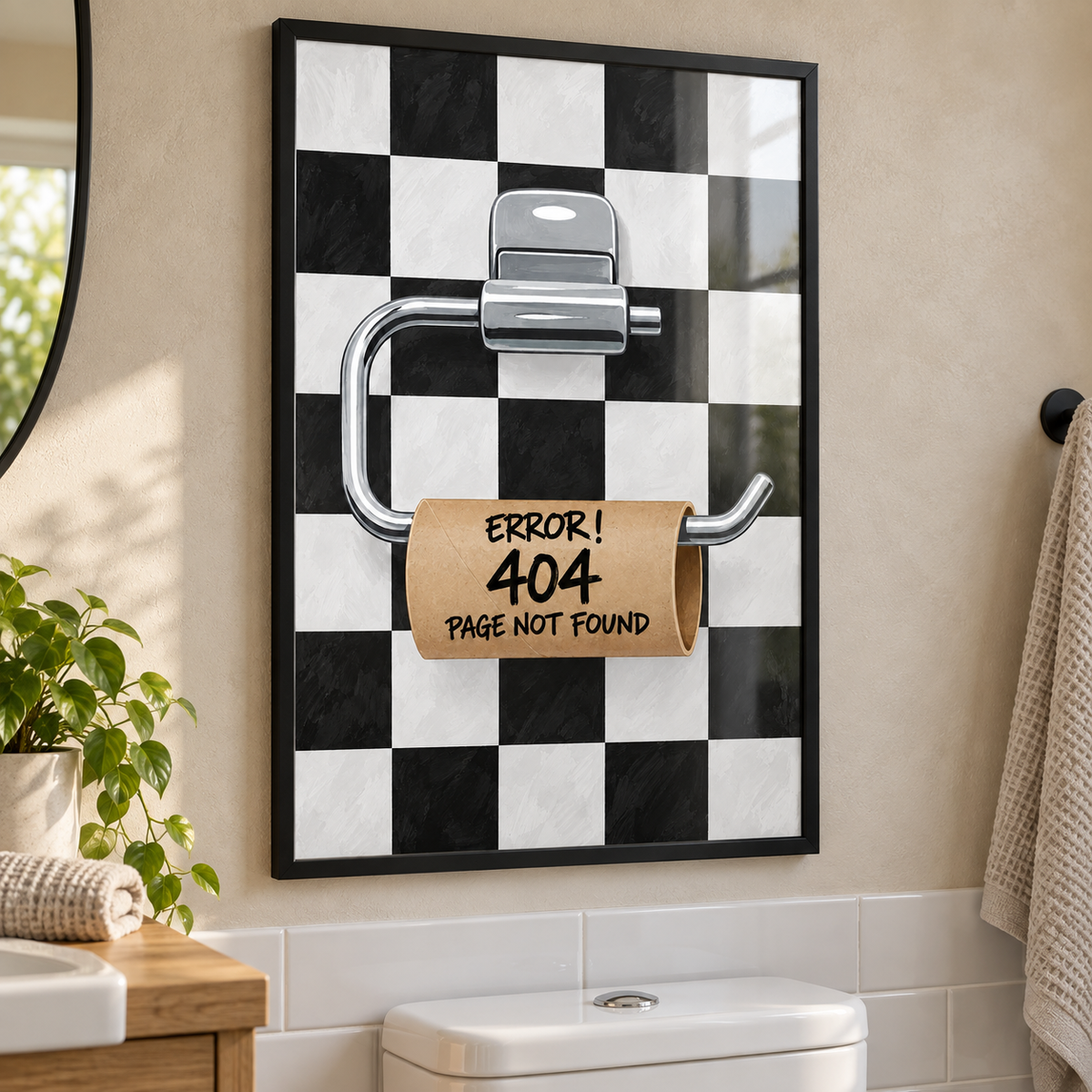 Black and white Error 404 toilet roll print in a black frame in a bathroom