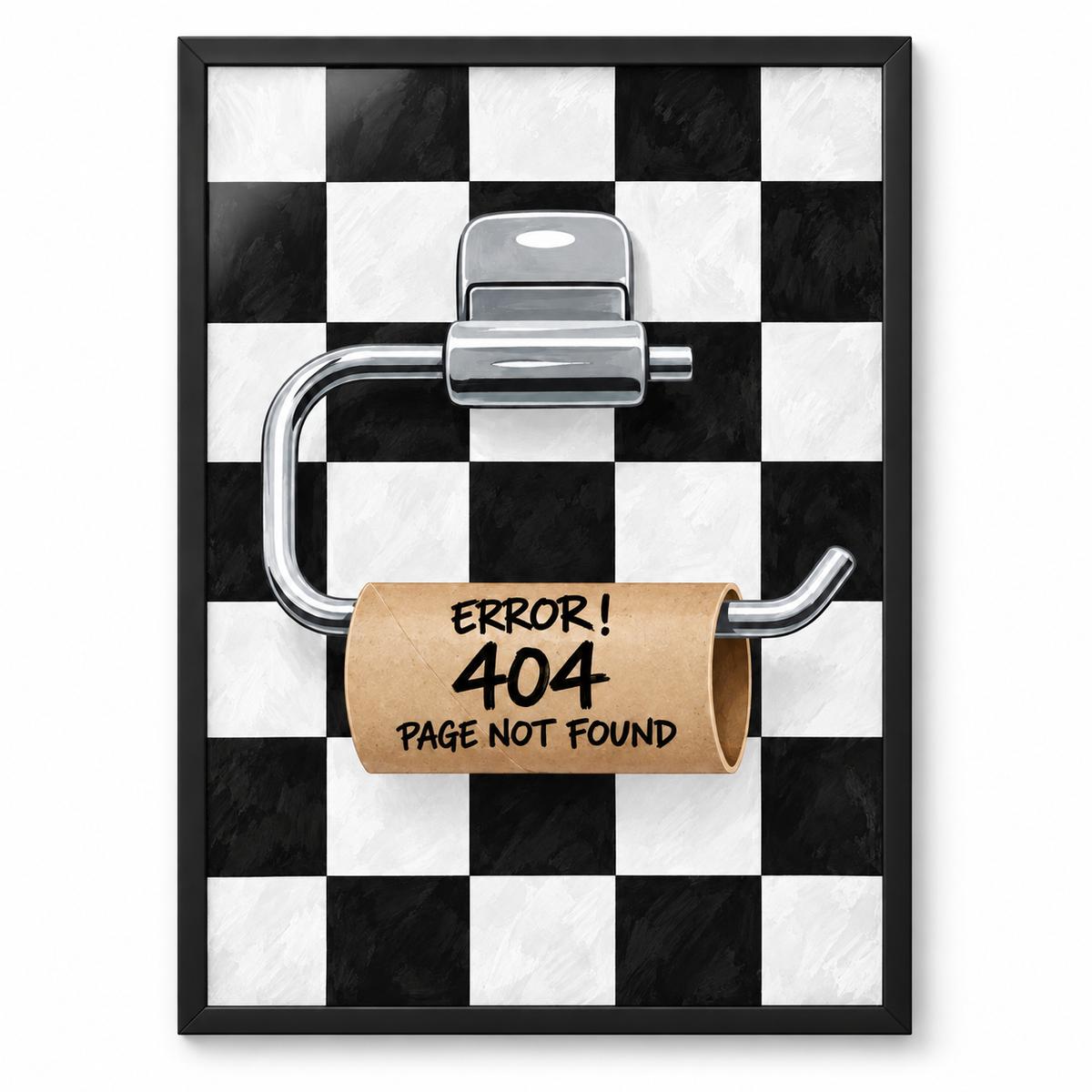 Black and white checkerboard Error 404 print shown straight-on in a black frame