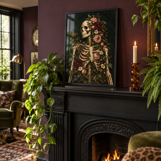 Eternal Bloom floral skeleton print styled on a black fireplace; frame not included