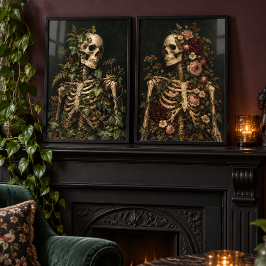 Eternal Ivy and Eternal Bloom set of two on a fireplace; frames not included