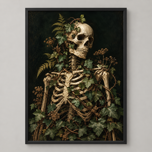 Eternal Ivy botanical skeleton print in a black frame; frame not included