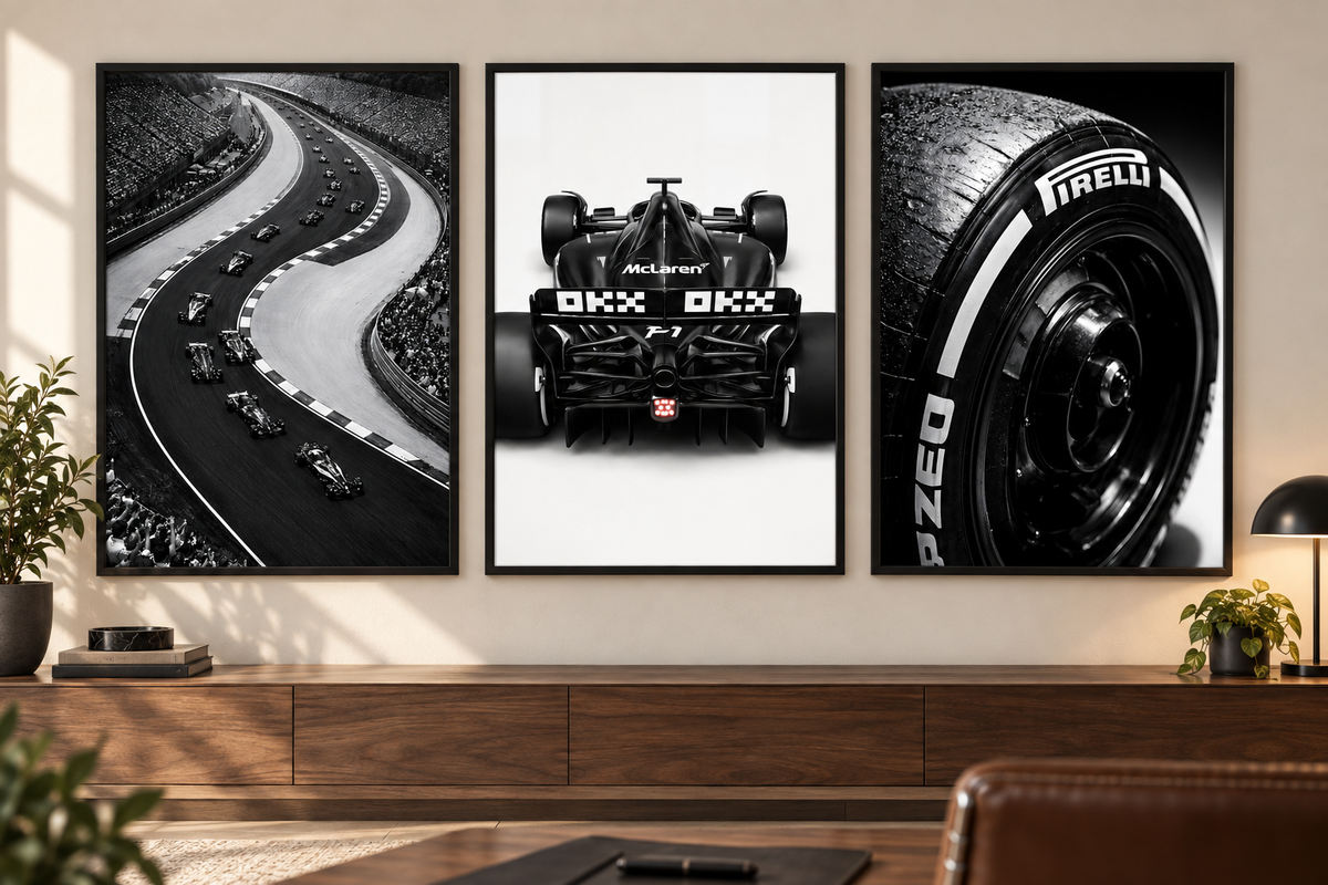 F1 track, rear-view racing car and tyre close-up prints displayed together in black frames. Set of three prints supplied unframed.