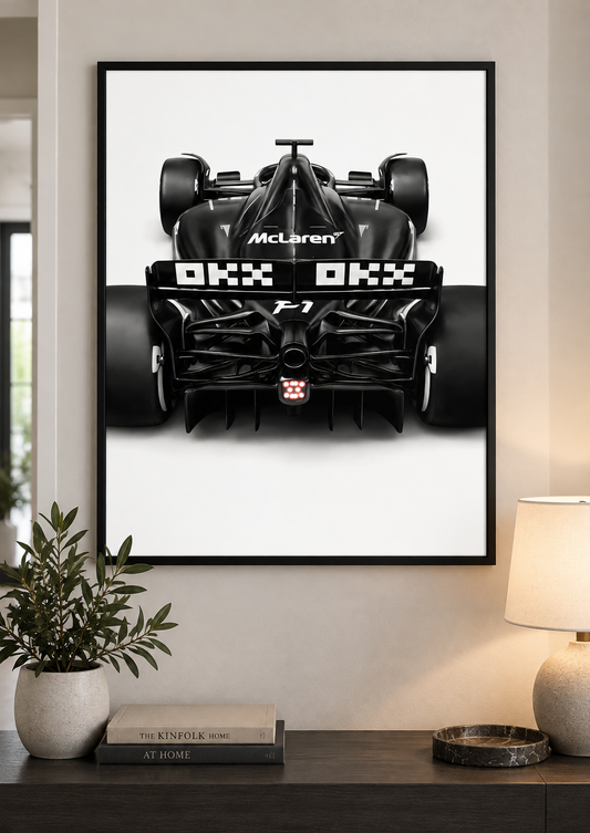 F1 Rear View Black & White Print framed lifestyle mockup