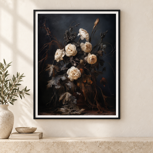 Faded Ivory Roses print in a slim black frame