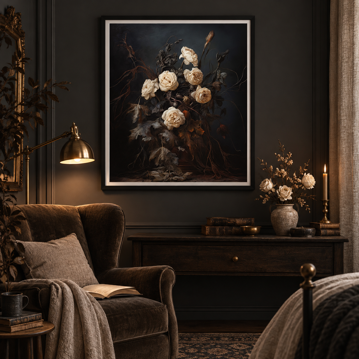 Faded Ivory Roses framed print in a moody bedroom reading corner