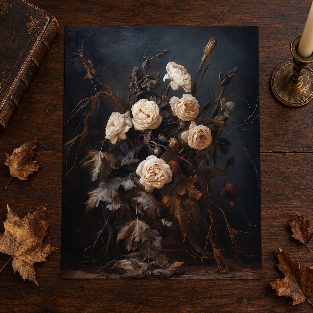 Faded Ivory Roses unframed art print on a dark wood surface