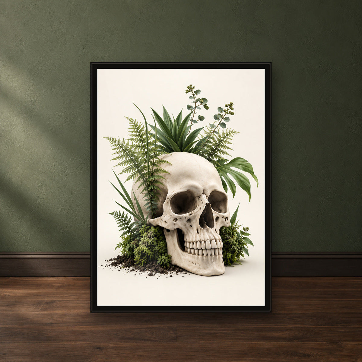 Fern & Eucalyptus Skull Print – close-up black frame leaning against a green wall