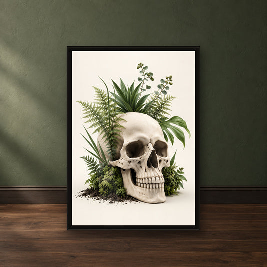 Fern & Eucalyptus Skull Print – close-up black frame leaning against a green wall
