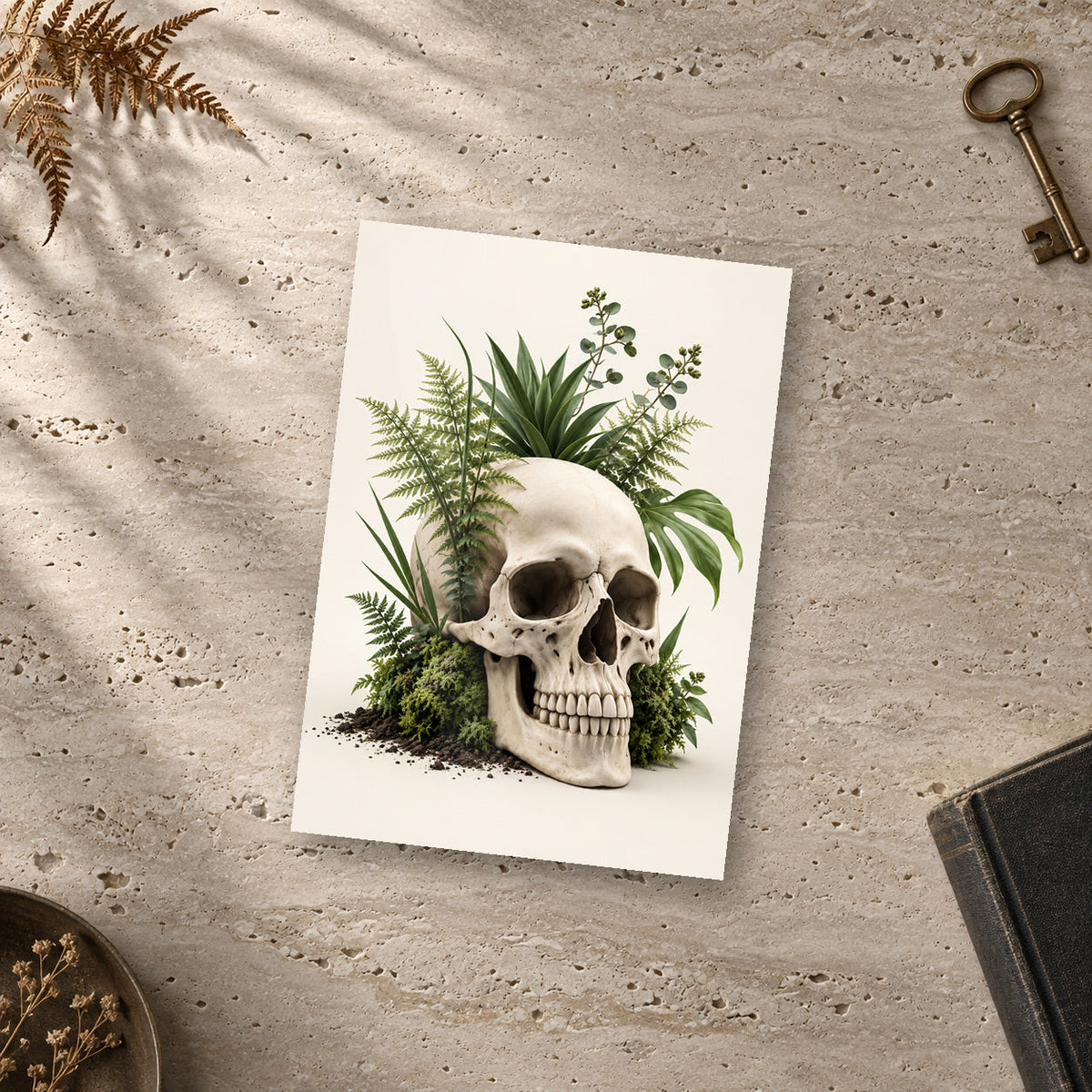 Fern & Eucalyptus Skull Print – unframed glossy print on a surface