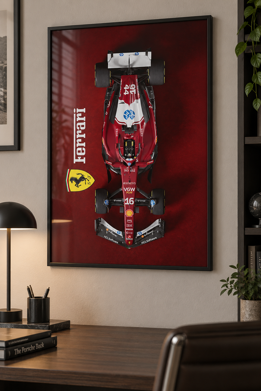 Ferrari Racing Print displayed inside a black frame. Print supplied unframed.