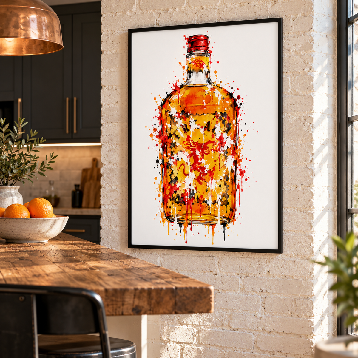 Fireball splatter print framed on a kitchen wall