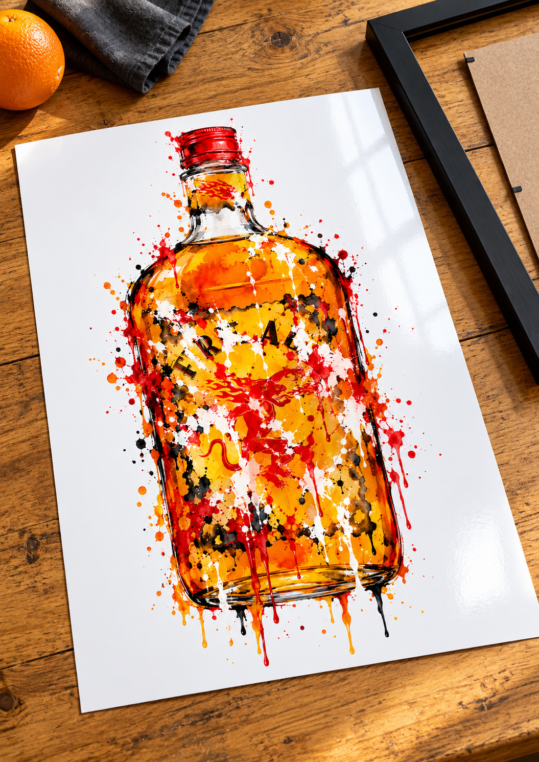 Fireball splatter print unframed on glossy photo card, ready to frame