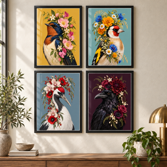 Birds in Bloom – Floral Bird Prints Set of 4 displayed together as a framed gallery wall