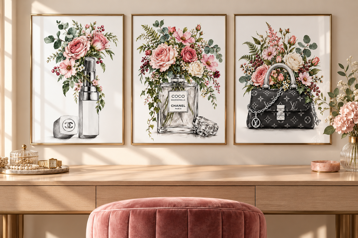Fashion in Bloom set of three — lipstick, perfume and handbag floral prints; frames not included