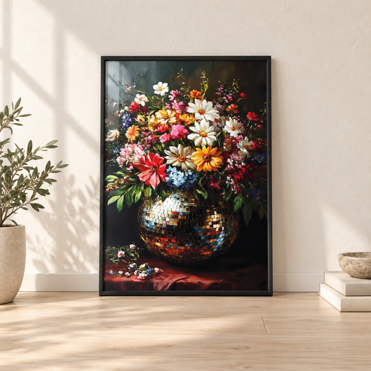 Floral Glitterball print in glossy black leaning frame