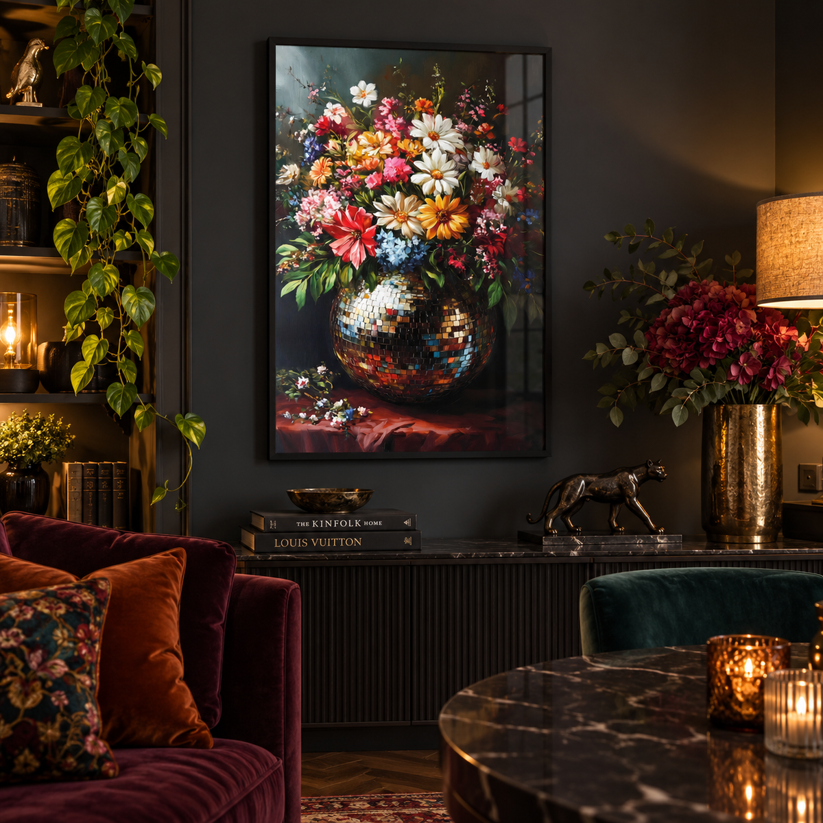 Floral Glitterball print in an elegant moody room