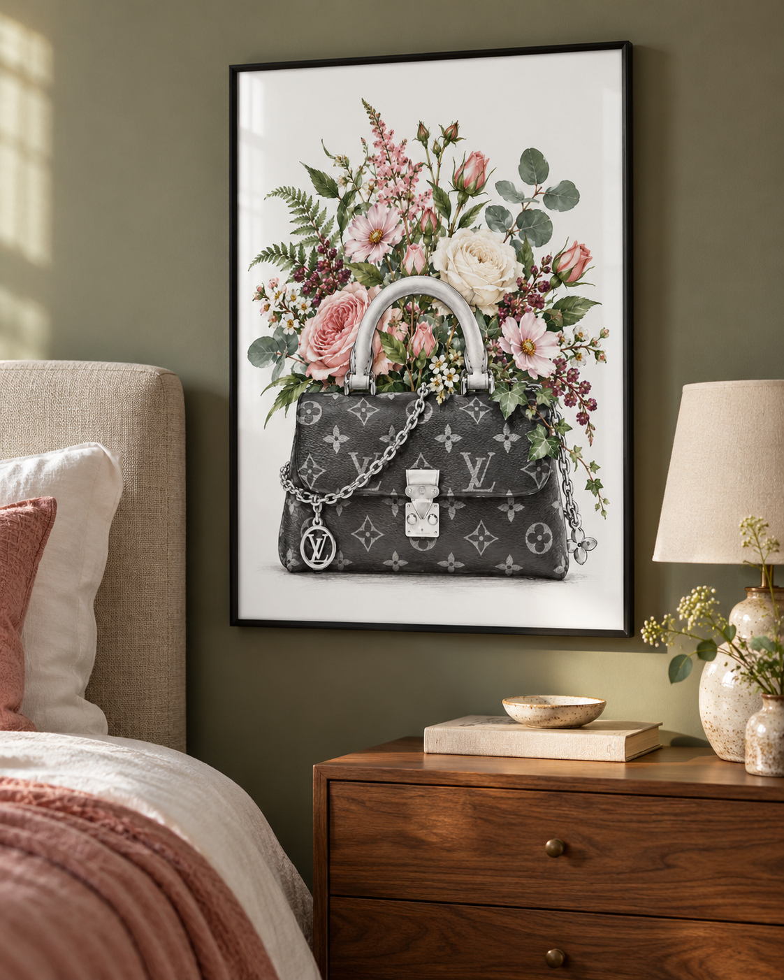 Floral Handbag Print styled in a bedroom; frame not included