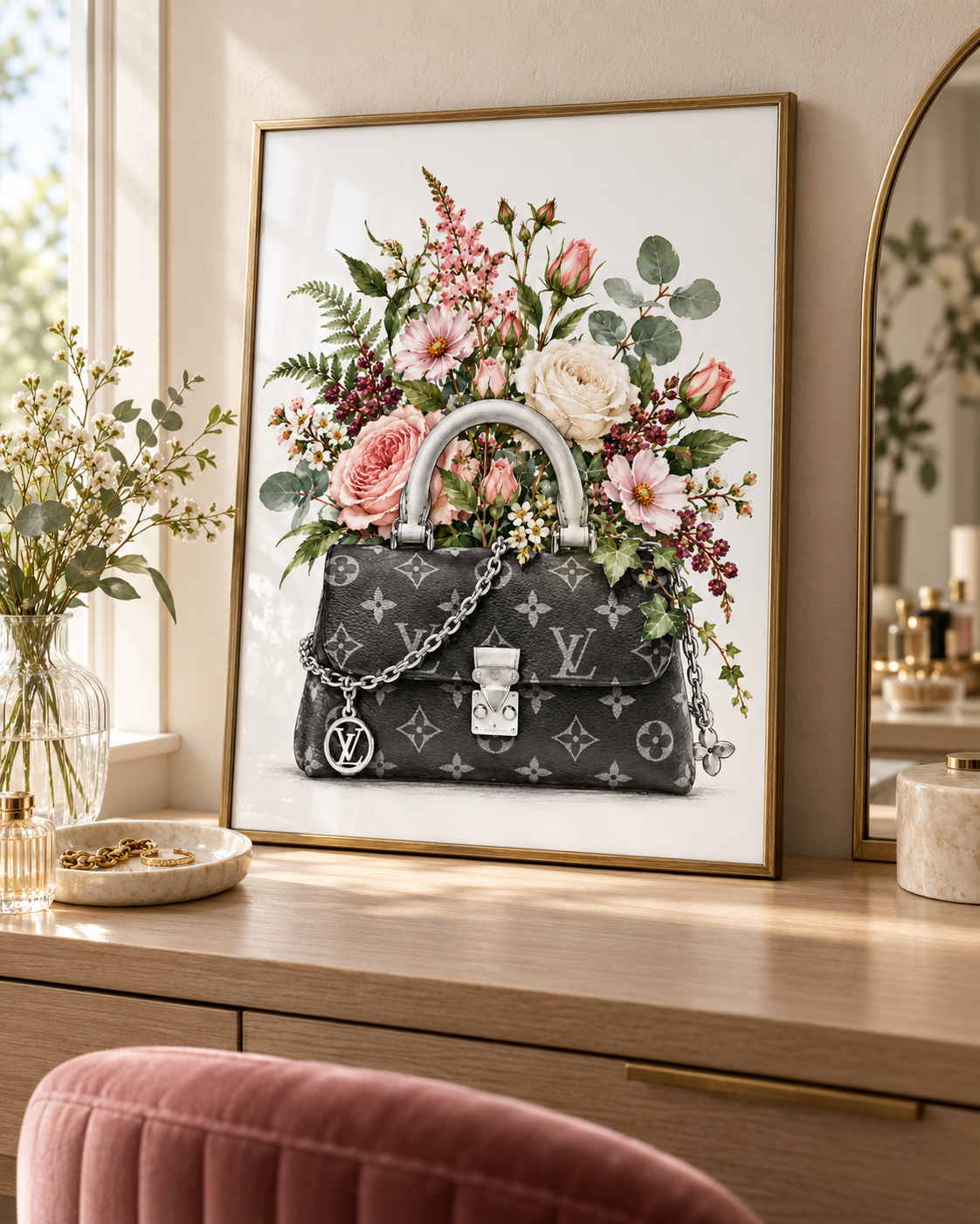 Included floral handbag print shown individually; frame not included