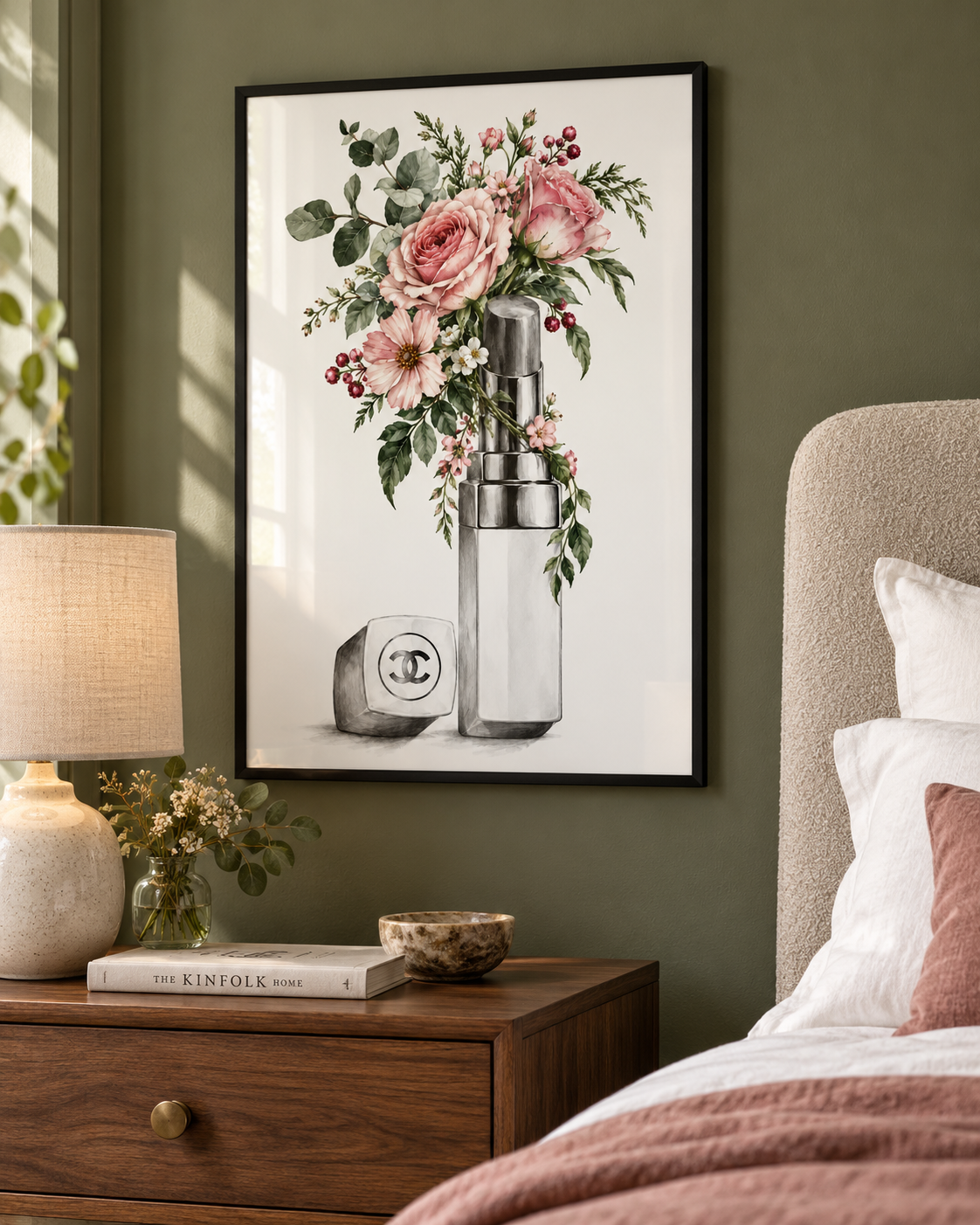 Floral Lipstick Print styled in a bedroom; frame not included