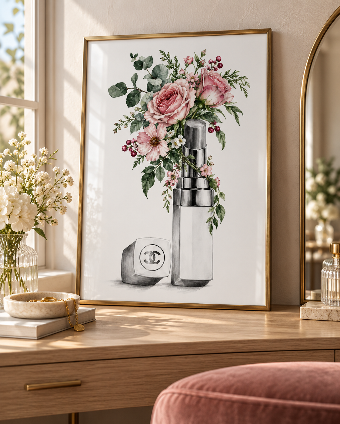 Included floral lipstick print shown individually; frame not included