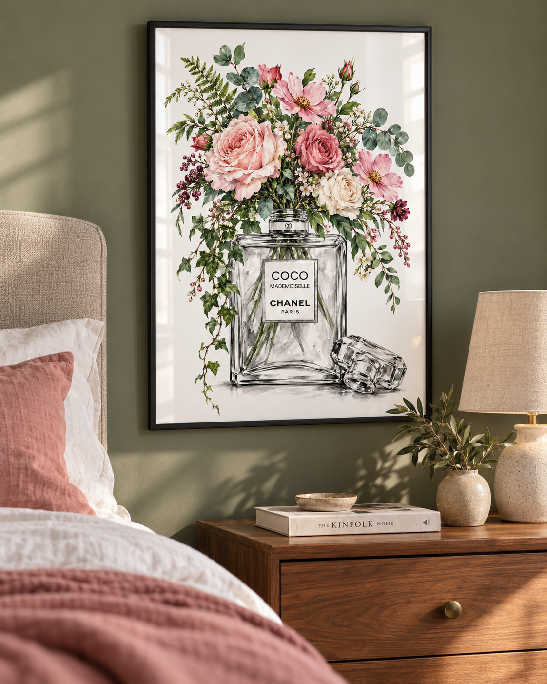 Floral Perfume Print styled in a bedroom; frame not included