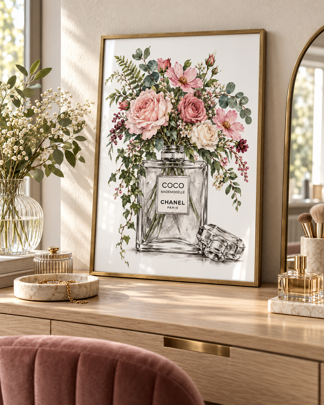 Included floral perfume print shown individually; frame not included
