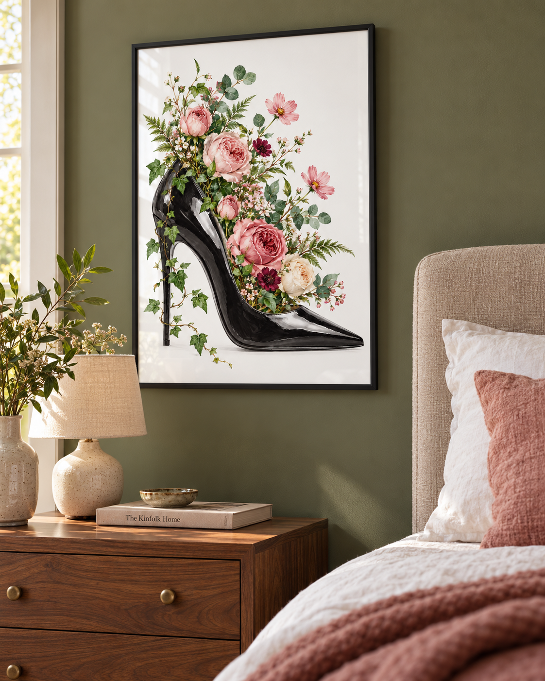 Floral Stiletto Print styled in a bedroom; frame not included