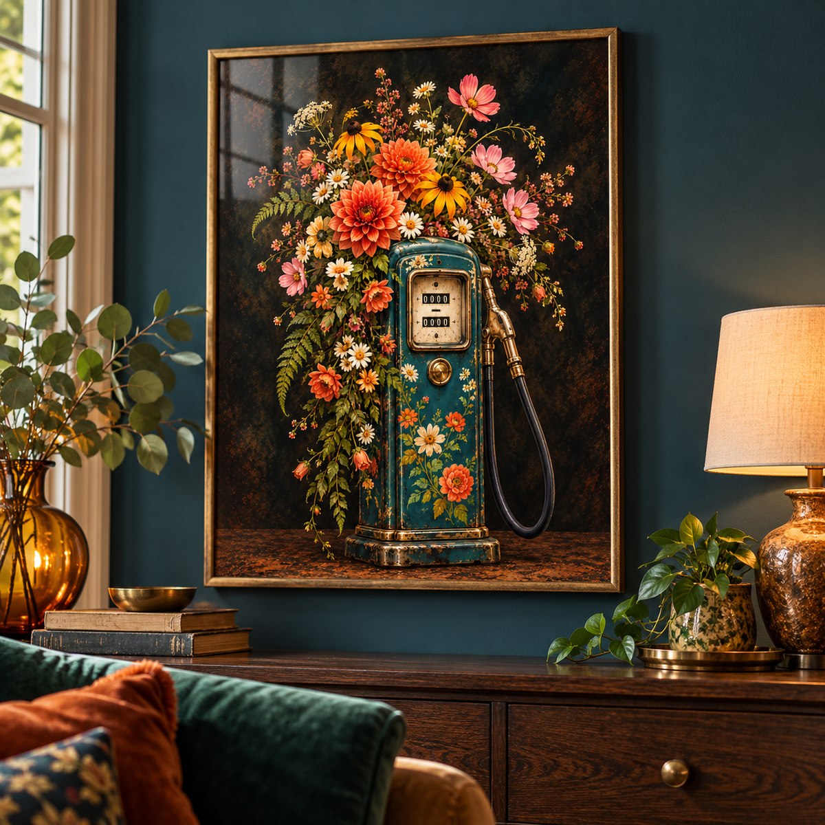 Flower Power floral art print — framed in a home setting; frame not included