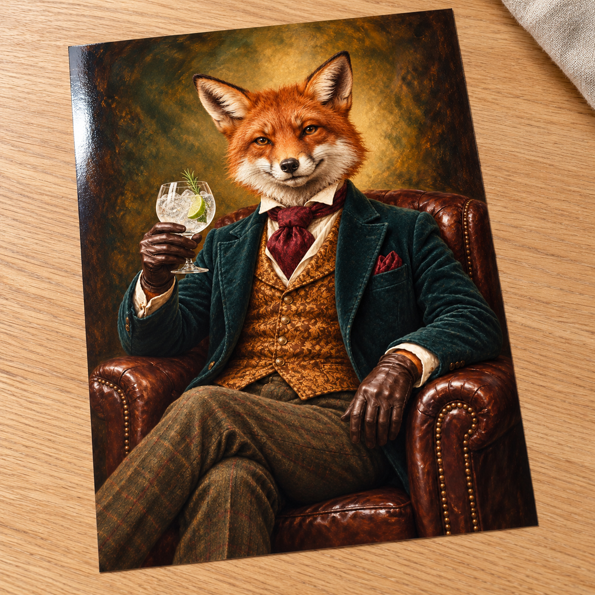 For Fox Sake, Pass the Gin unframed glossy print on an oak table