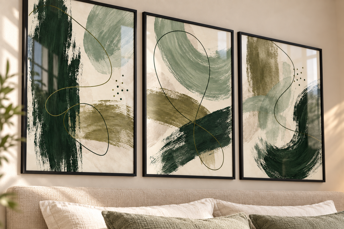 Forest sage and olive abstract set of three shown in black frames in a bedroom; frames not included
