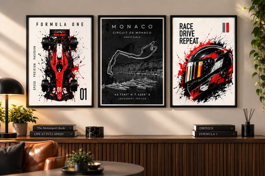 Set of three motorsport prints with Formula One car, Monaco circuit and racing helmet in black frames