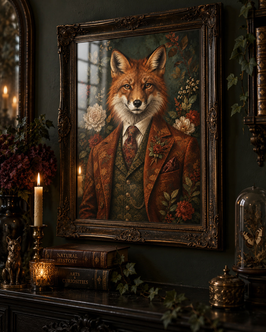 Fox & Finery vintage botanical fox print in an ornate frame on a dark wall, with glass reflections. Frame not included.