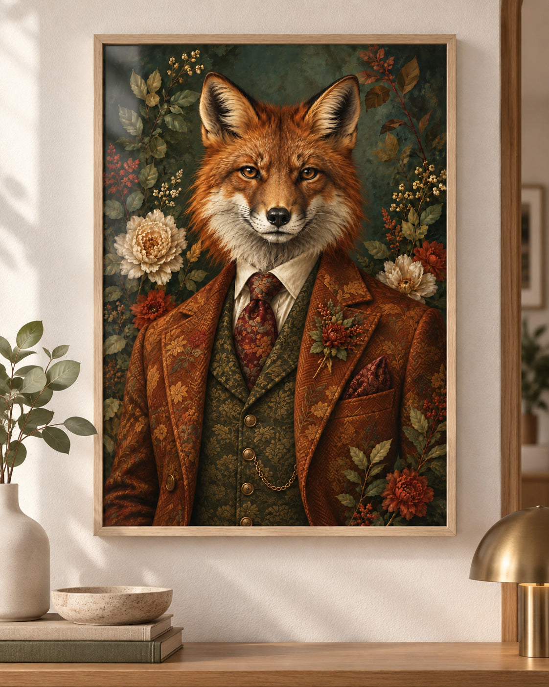 Fox & Finery fox art print in a modern oak frame in a warm neutral home. Frame not included.