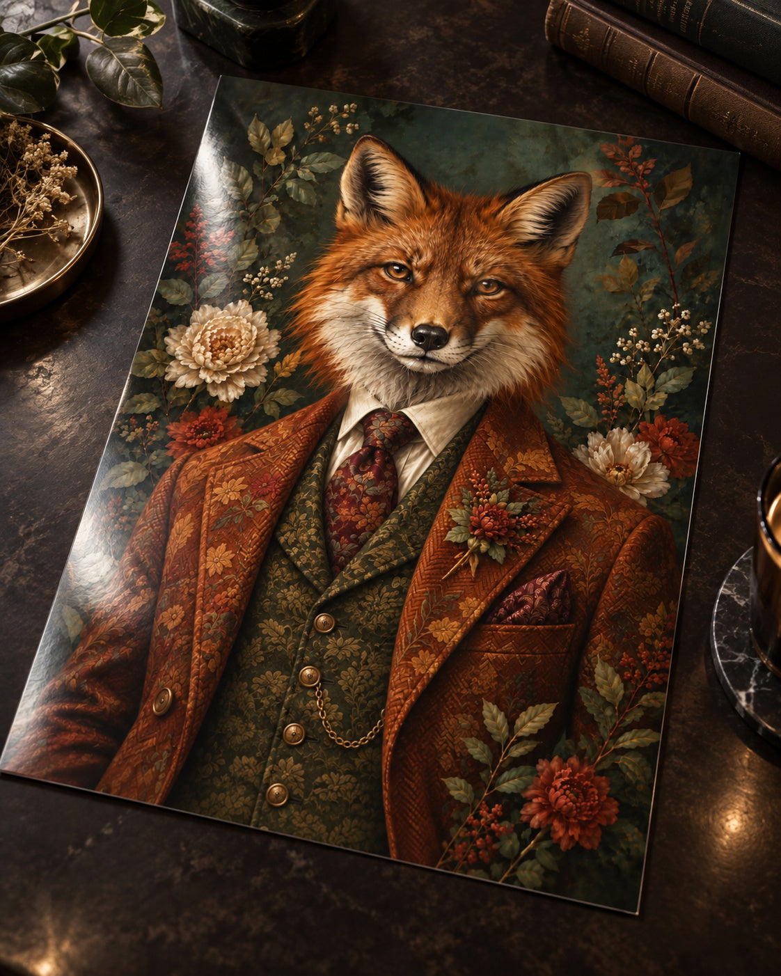 Fox & Finery fox in a burnt-orange jacket and olive waistcoat, shown as an unframed glossy print on a dark table.