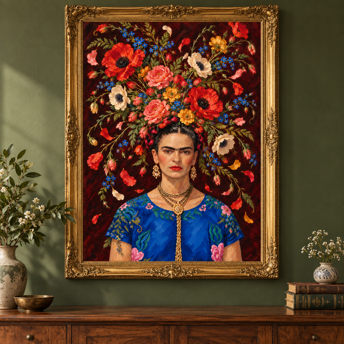 Frida in Full Bloom print displayed in an ornate gold frame