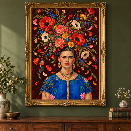 Frida in Full Bloom print displayed in an ornate gold frame