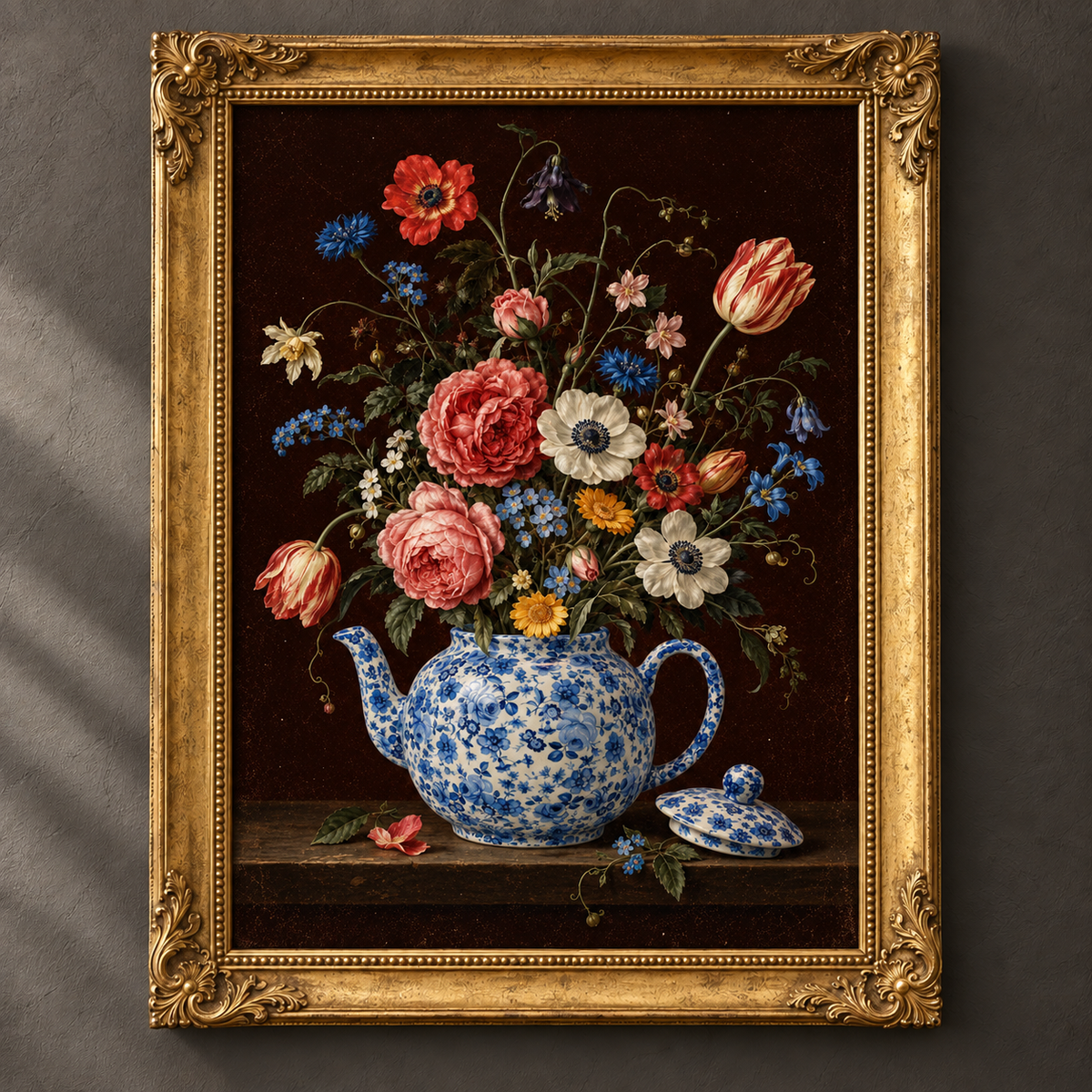 Full Bloom Brew botanical art print in an ornate vintage gold frame