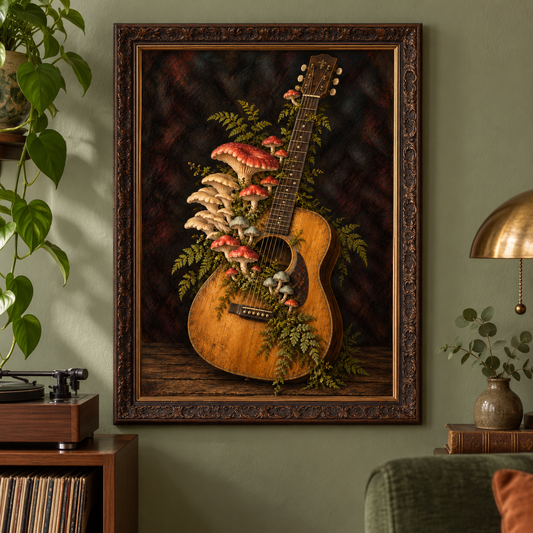 Fungi Unplugged art print displayed in a vintage frame