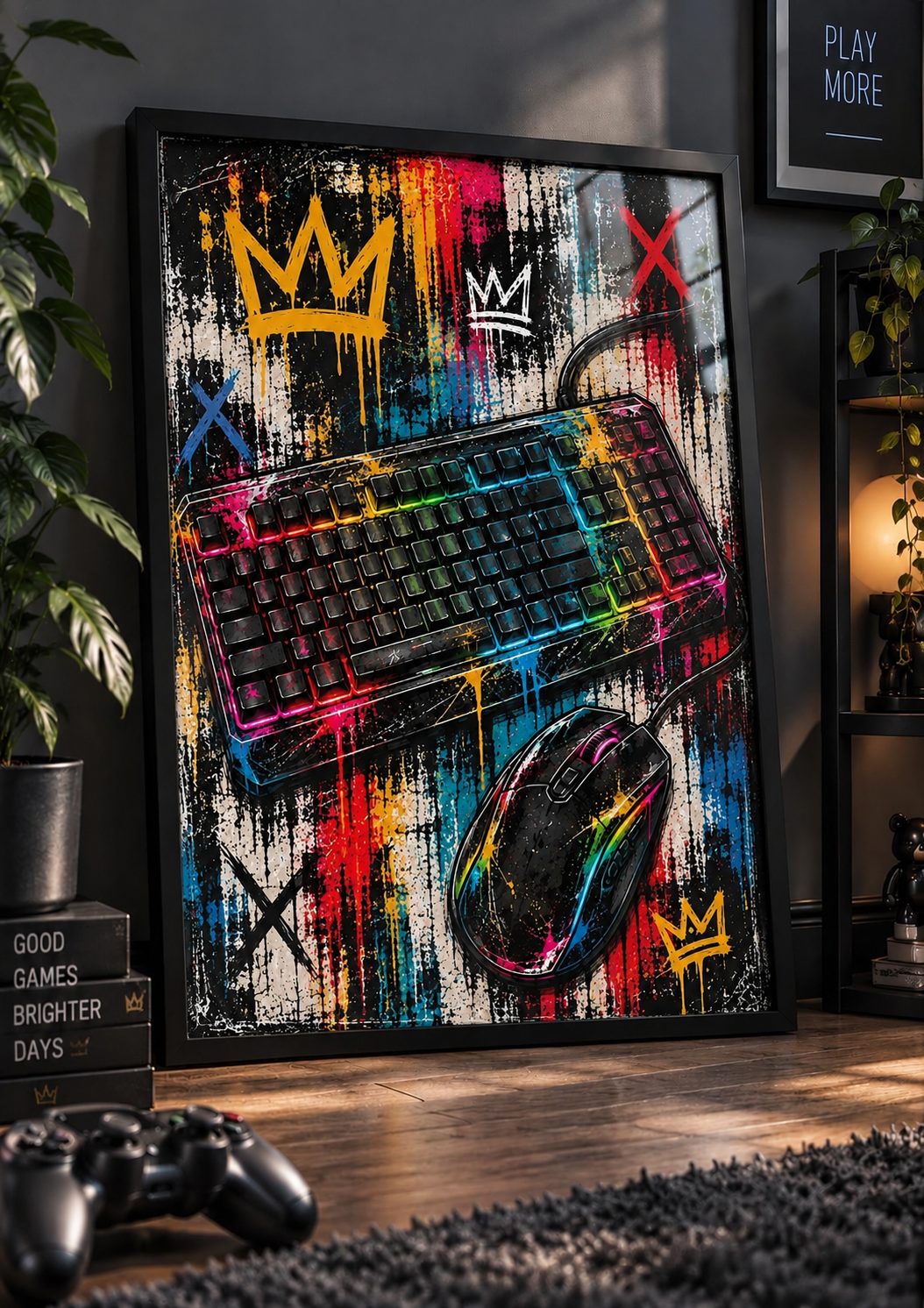 RGB Keyboard & Mouse – Graffiti Gaming Print in a black frame – lifestyle mockup
