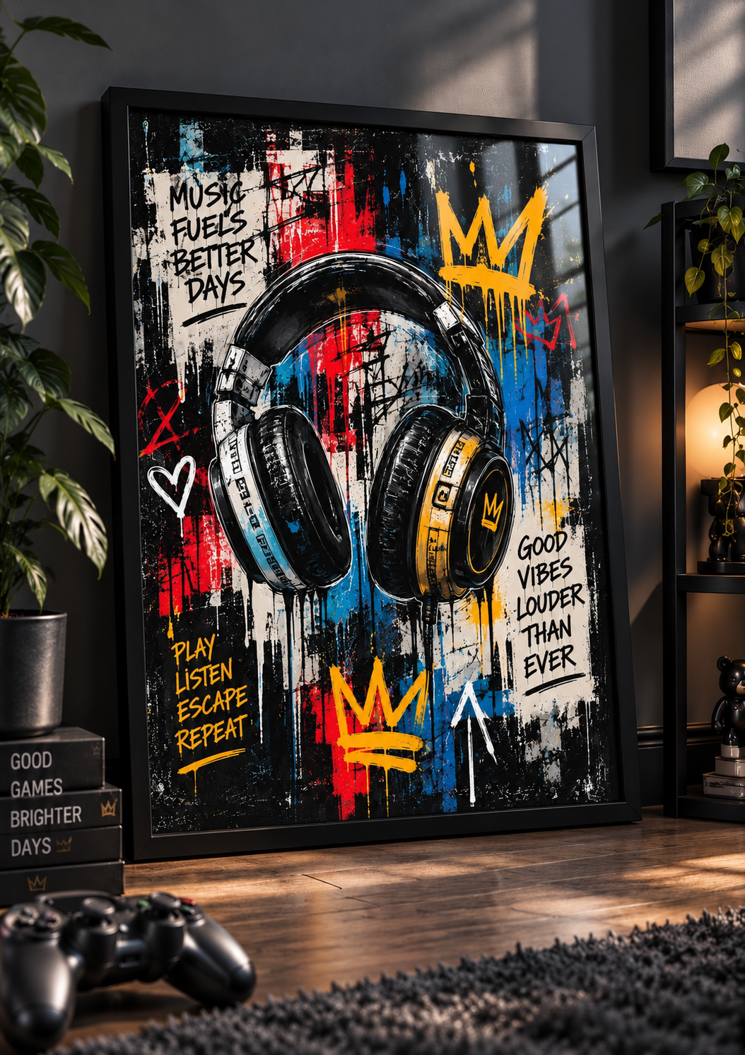 Headphones – Good Vibes Print in a black frame – lifestyle mockup