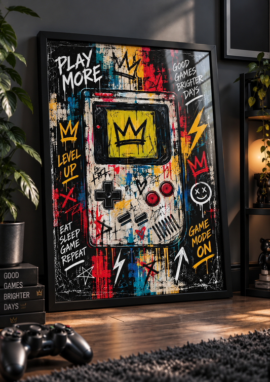 Retro Handheld – Play More Print in a black frame – lifestyle mockup